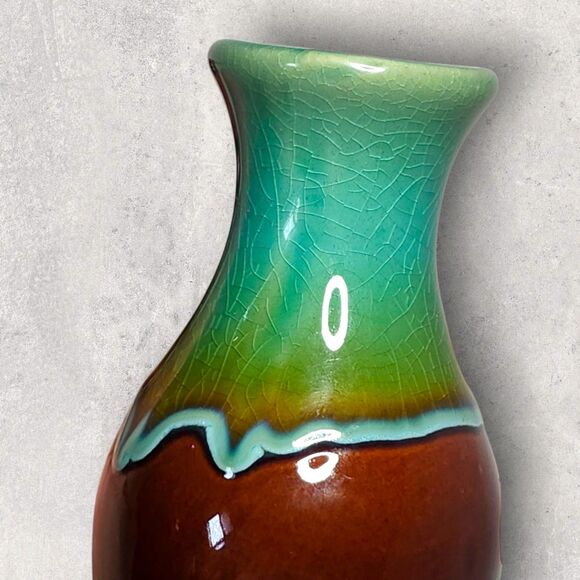 Vintage Teal & Brown Drip Glaze Pottery Bud Vase 6" MCM Retro Artisan Decor - Picture 5 of 12